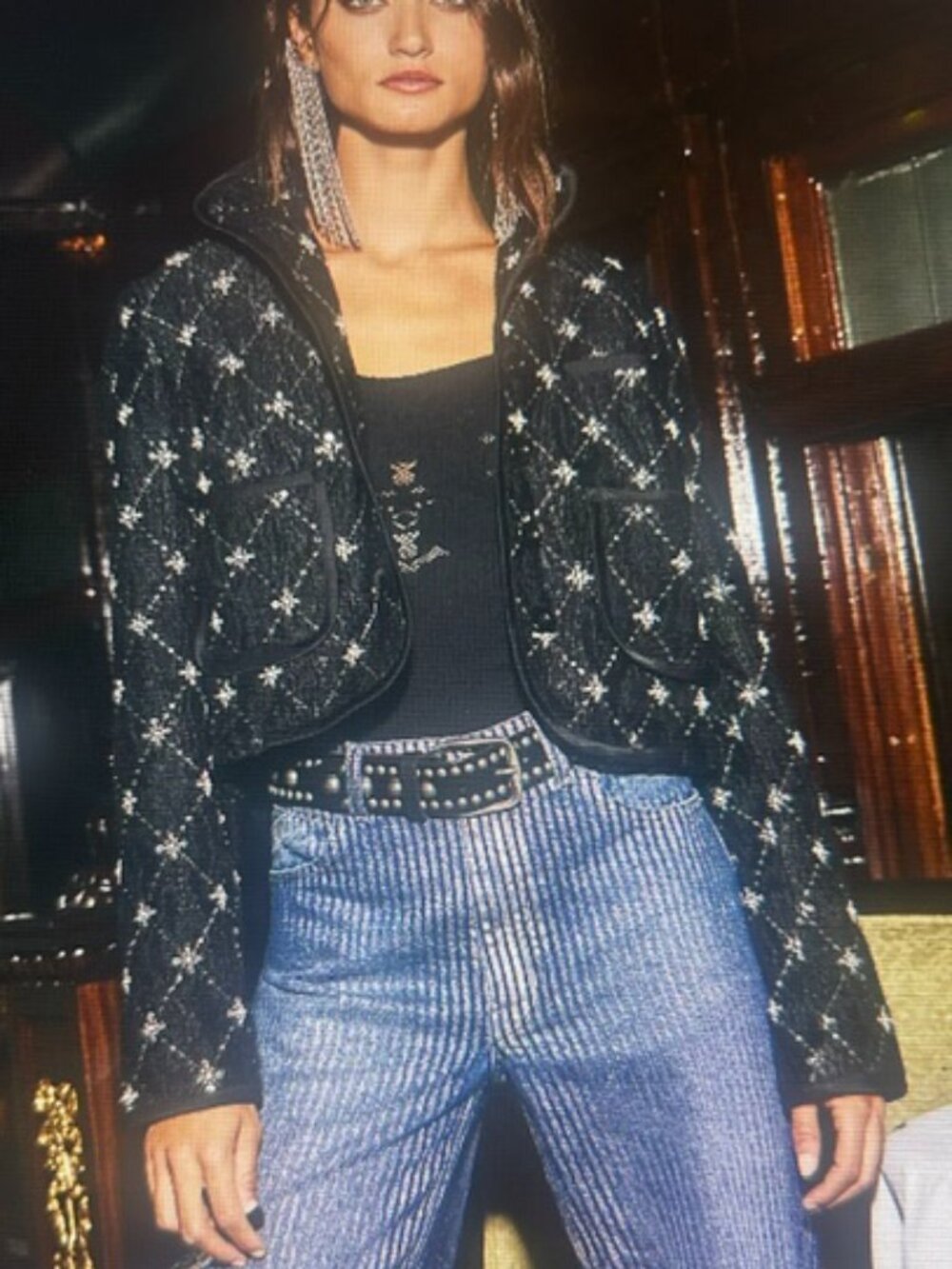Free People Time Of My Life Diamond Sequin Embellished Quilted Crop Jacket NEW